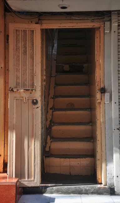 A pair of dark wooden doors with decorative ironwork and floral motifs at the bottom, set within a stone entranceway with a small set of steps leading up to them. The doors are framed by a white exterior wall, featuring a transom window with curved decorative ironwork above. To the right, a green leafy plant partially extends into the frame, and a small blue and white house number plaque is visible on the wall. This scene appears to be the entrance of a residential property, with natural light illuminating the area, suggesting daytime. The image relates to house removals and moving services, highlighting the careful handling of property features during a home relocation. Man with Van Petersham, a professional removals company, may be involved in logistical planning for moving through narrow and delicate entry points like this one.